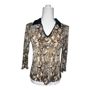 Vtg Animal Print Crinkle Blouse M